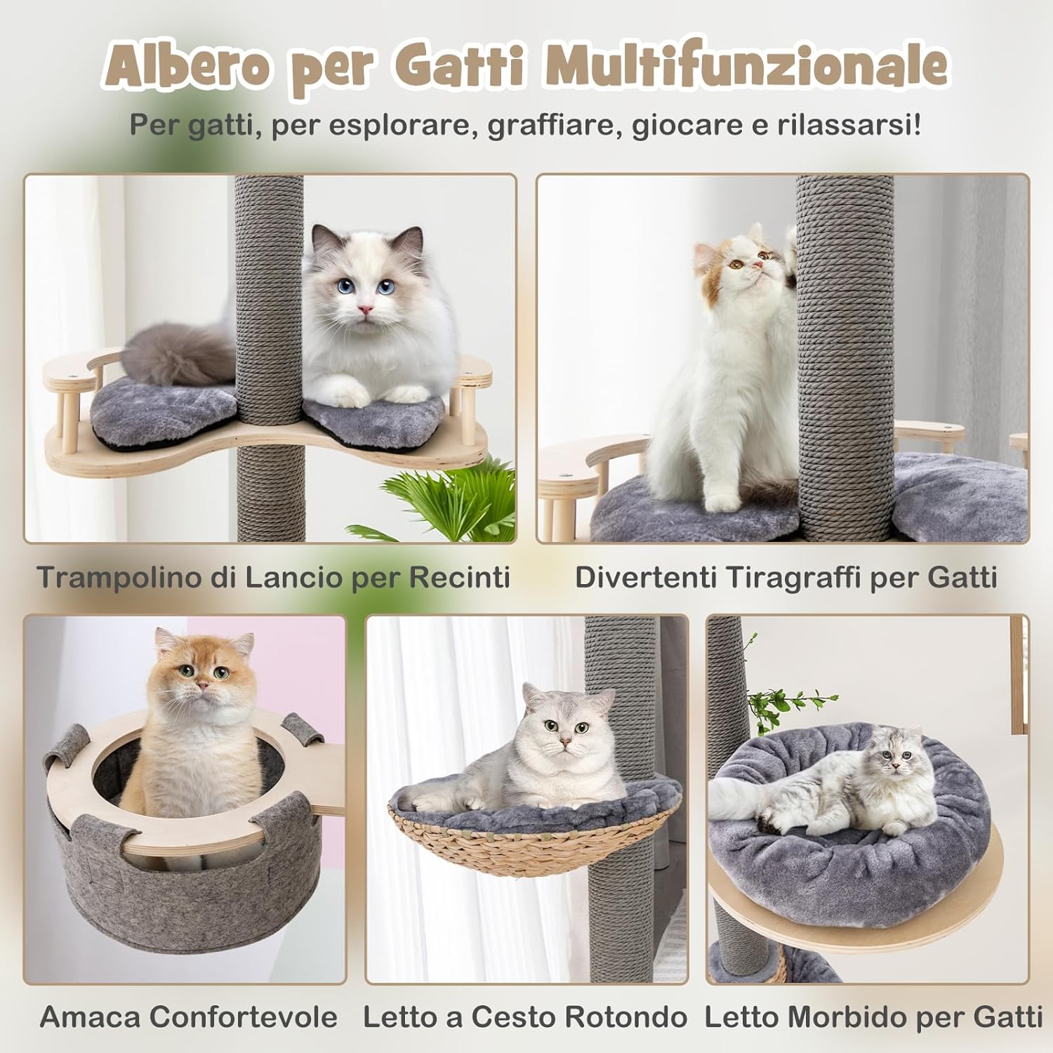 Albero per Gatti da Pavimento a Soffitto con Altezza Regolabile da 236 a 271 cm, Torre per Gatti in Legno a 5 Piani con Amaca, Letto e Cesta e Tiragraffi