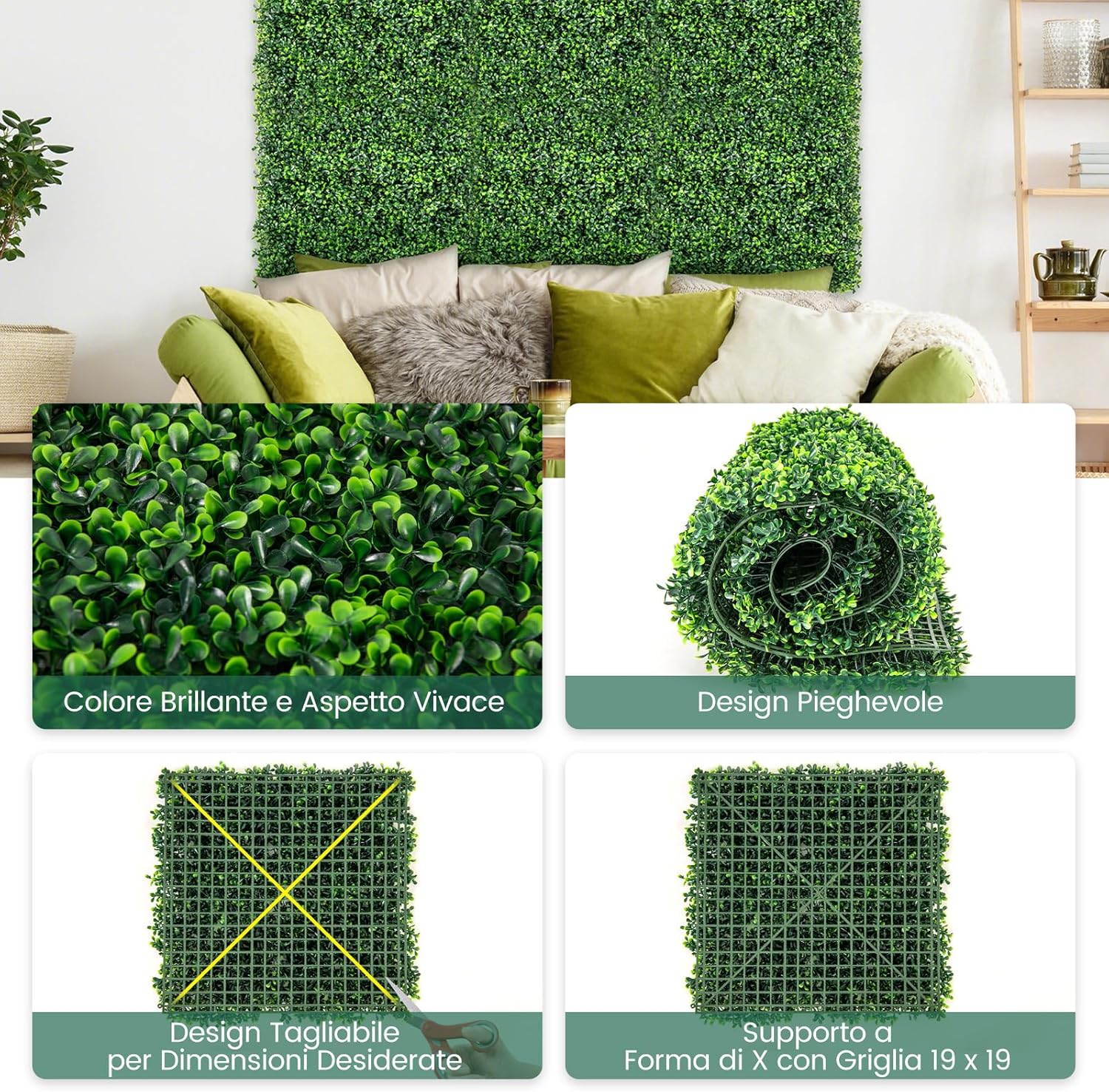 Pianta Finta 50 x 50 cm 12 Pezzi, Pannelli da Parete in Erba Artificiale, Pannelli in PE, Recinzione di Privacy da Interno ed Esterno per Giardino, Cortile e Salotto