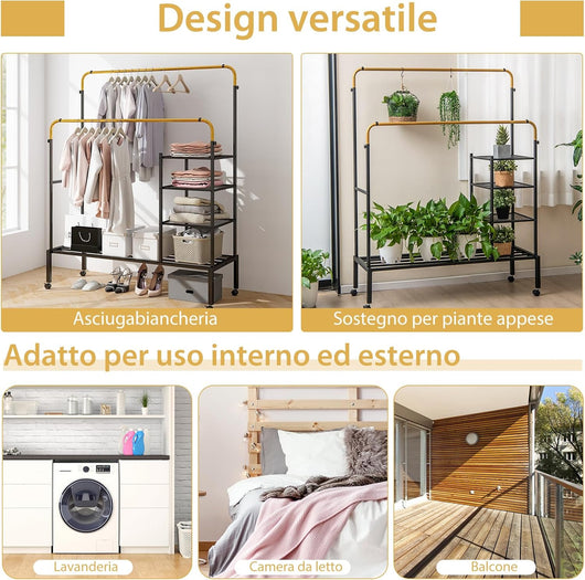 Stand Appendiabiti a Doppia Asta, con Barre Appendiabiti Regolabili in Altezza, Ripiani per Riporre e Ruote Bloccabili, Appendiabiti in Acciaio per Uso Interno ed Esterno(Nero+Oro)