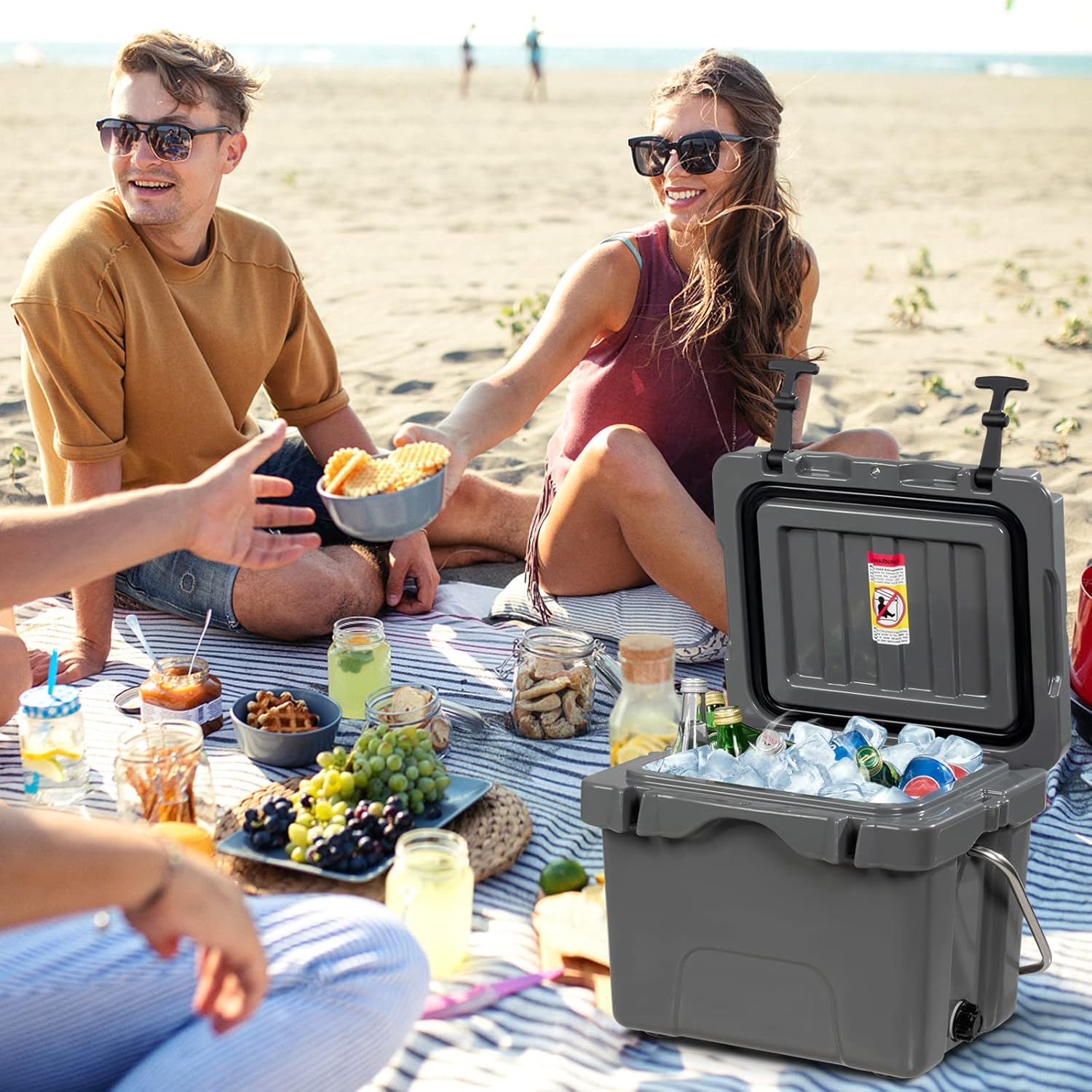 Contenitore per Ghiaccio da 15 L, Contenitore Termico con Maniglia 2 Porta Bicchieri, Contenitore Termico del Ghiaccio Portatile per Campeggio（Grigio)