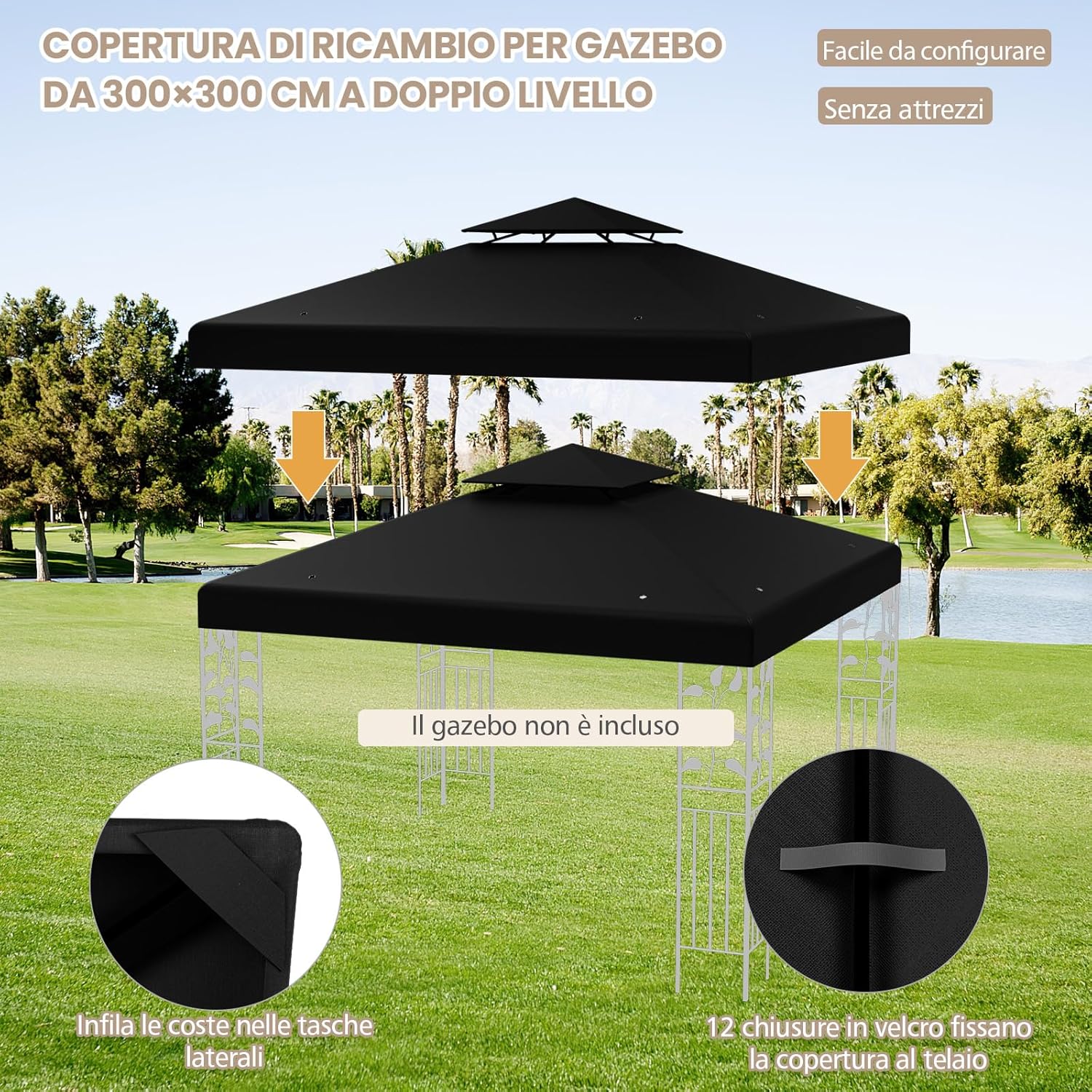 Tetto di Ricambio per Gazebo da Giardino Copertura di Ricambio Gazebo 3 x 3 m (Nero)