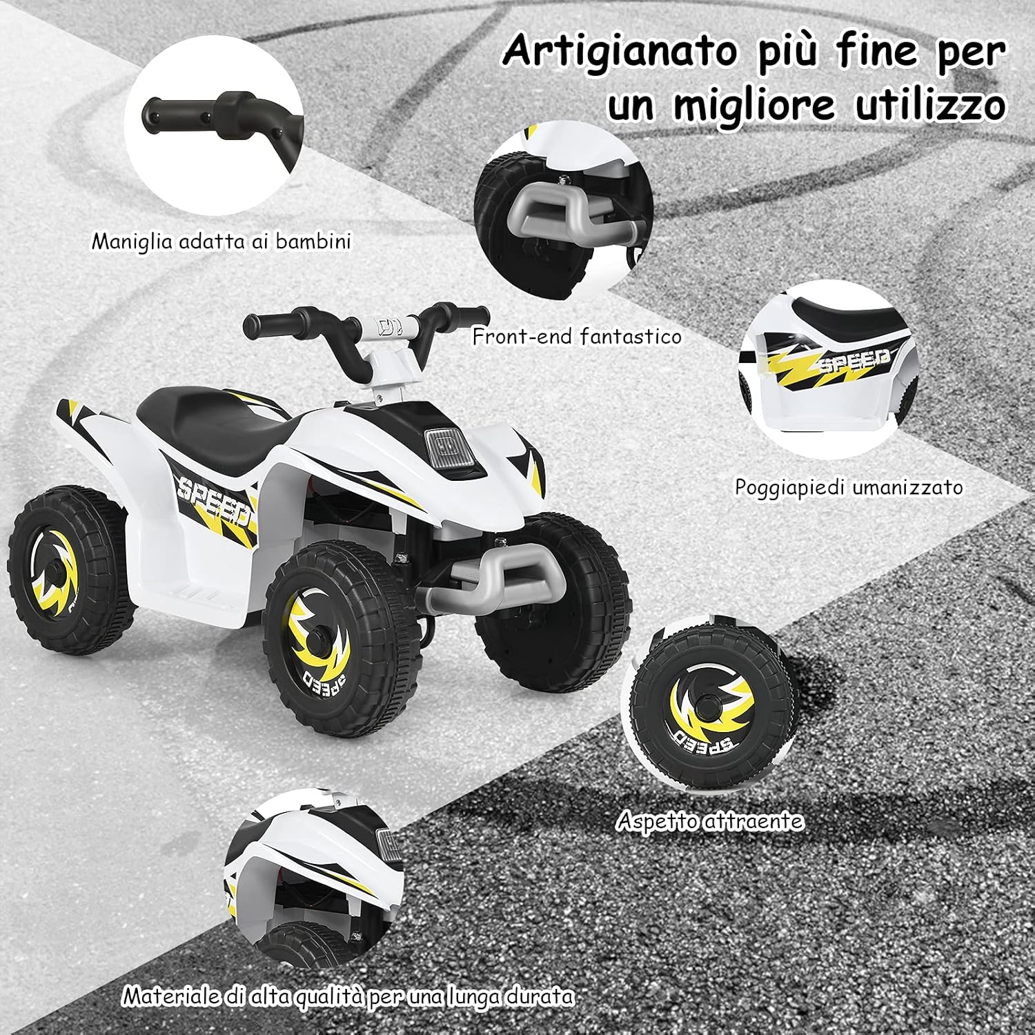 6V Quad Elettrico per Bambini con Batteria, Mini Quad con Funzione Avanti/Indietro, Velocità Massima 4,6 km/h (Bianco)