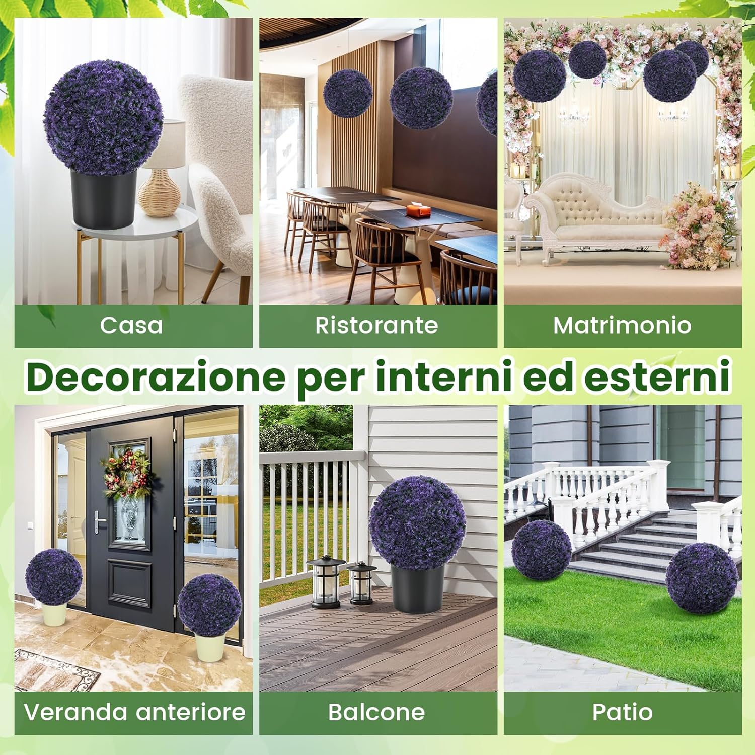 Set di 2 Piante Artificiali a Sfera di Bosso 38 CM, Palline Decorative Viola, Sfera Topiarie per Giardino, Portico, Balcone e Matrimonio