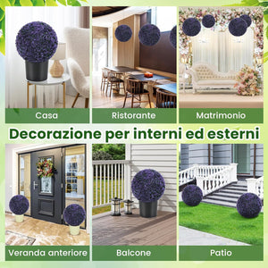 Set di 2 Piante Artificiali a Sfera di Bosso 38 CM, Palline Decorative Viola, Sfera Topiarie per Giardino, Portico, Balcone e Matrimonio