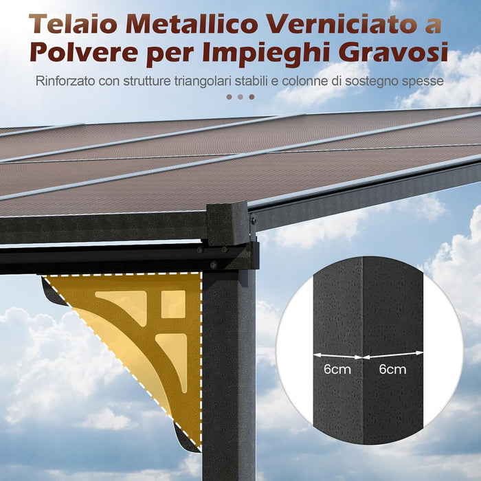 Gazebo da Esterno 305 x 400 x 264 cm, Gazebo Grande con Tetto Inclinato in Policarbonato e Struttura in Metallo, Tenda Impermeabile per Terrazzo, Giardino e Patio