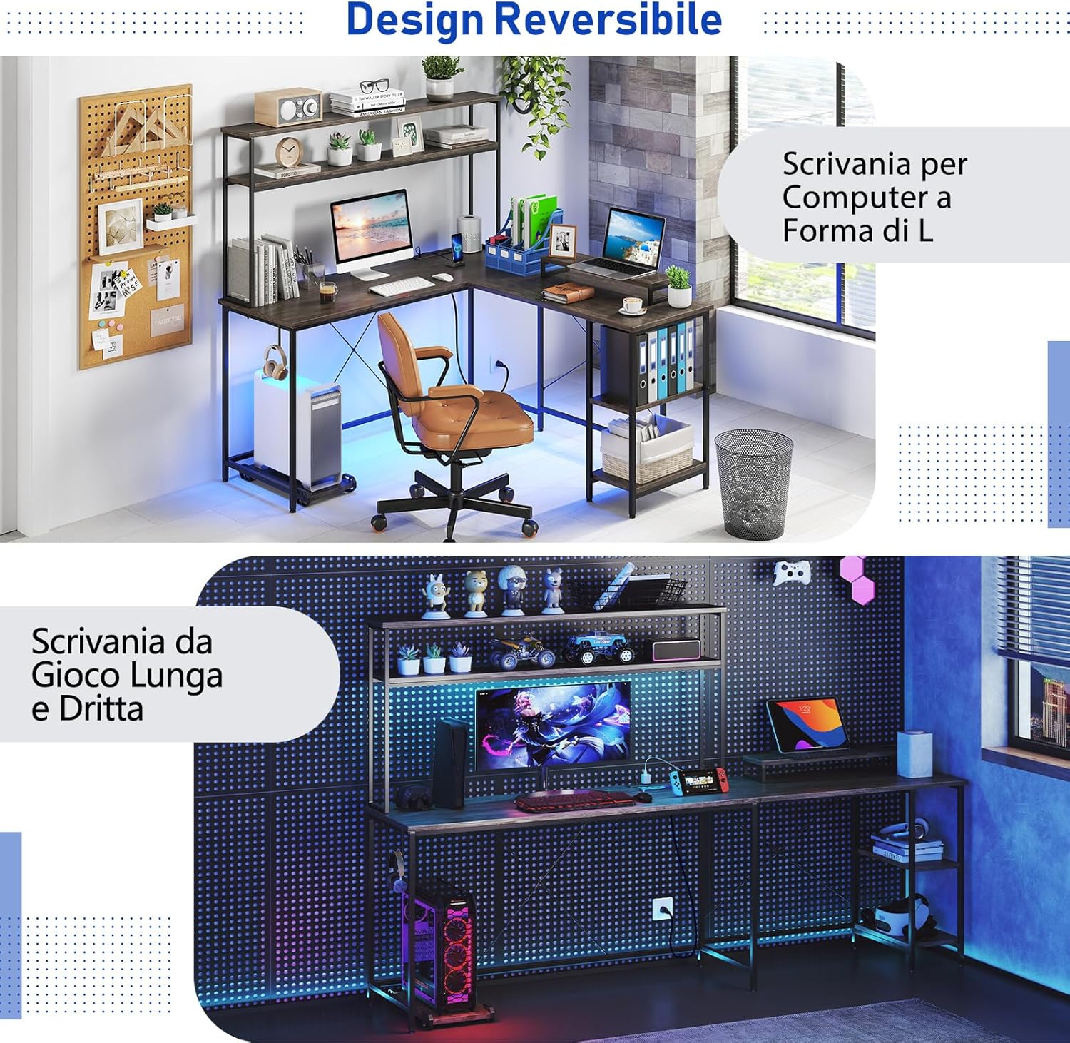 Scrivania per Computer a Forma di L, Tavolo da Gioco con Scaffale Regolabile, Gancio, Supporto per CPU, Striscia LED, Telecomando e Prese di Corrente, Desk per Studiare e Lavorare (Grigio)