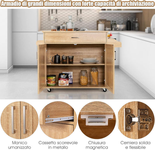 Carrello da Cucina con Ruote di Gomma, Scaffale per Microonde Carrello Servizio, Credenza Cucina Legno Moderno Elegante, 116 x 37 x 85 cm (Naturale)