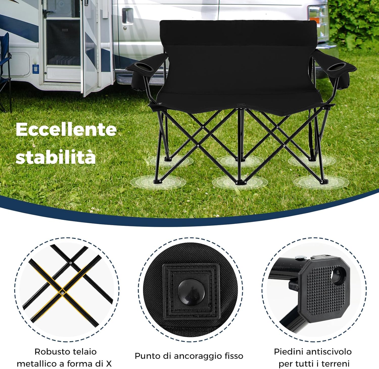 Sedia da Campeggio Doppia, Poltrona Pieghevole per 2 Persone con Portabicchieri, Borsa per il Trasporto, Sedia da Giardino Portatile per Spiaggia, Picnic, Pesca, Portata 300 kg (Nero)