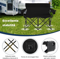 Sedia da Campeggio Doppia, Poltrona Pieghevole per 2 Persone con Portabicchieri, Borsa per il Trasporto, Sedia da Giardino Portatile per Spiaggia, Picnic, Pesca, Portata 300 kg (Nero)