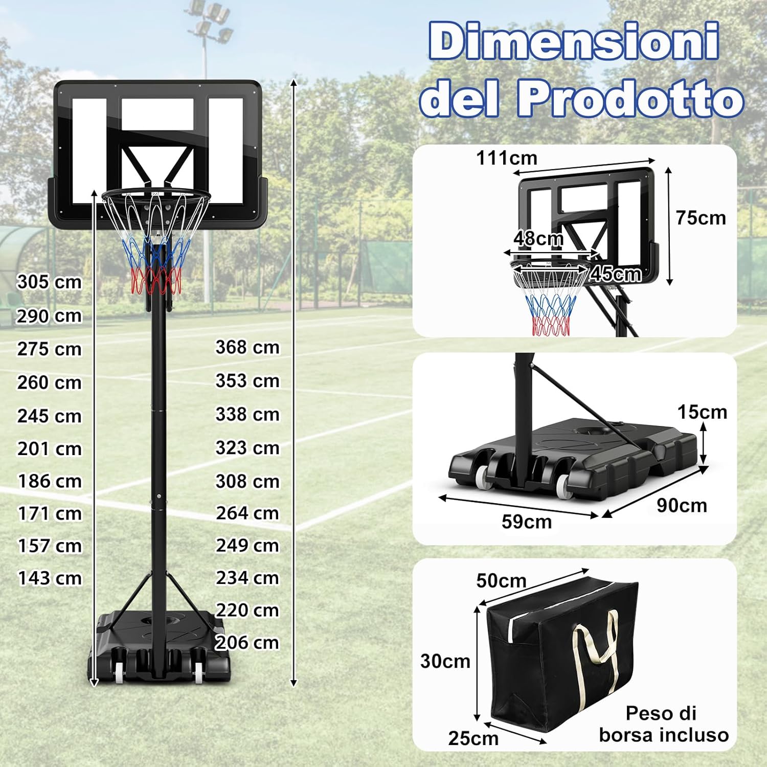 Canestro Basket da Interno ed Esterno per Adulti, Canestro da Basket Professionale e Regolabile in Altezza da 245 a 305 cm con Tabellone da 111cm, Base Riempibile e 2 Ruote