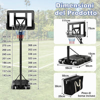 Canestro Basket da Interno ed Esterno per Adulti, Canestro da Basket Professionale e Regolabile in Altezza da 245 a 305 cm con Tabellone da 111cm, Base Riempibile e 2 Ruote