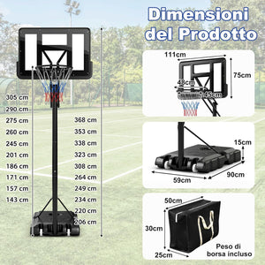 Canestro Basket da Interno ed Esterno per Adulti, Canestro da Basket Professionale e Regolabile in Altezza da 245 a 305 cm con Tabellone da 111cm, Base Riempibile e 2 Ruote