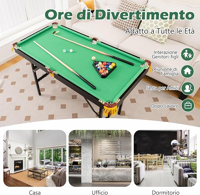 Tavolo da Biliardo Pieghevole, Mini Tavolo da Gioco Biliardo con Set di Accessori Stecche Palline Gessetti e Spazzola, Piedi Regolabili, per Sala Giochi bar Palestra, 122x64x78 cm