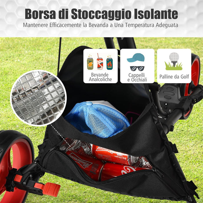 Carrello da Golf Pieghevole con 3 Ruote, Struttura in Alluminio, Cinghia Elastica, Portaombrello Regolabile e Porta Bicchiere, Segnapunti e Freno a Pedale (Rosso)
