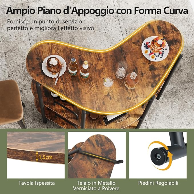 Tavolo da Bar 120 x 66 x 102 cm, Portabottiglie Vino a 3 Ripiani con Portabicchieri e Mensole di Stoccaggio, Isola Cucina Industriale per Bistro (Marrone)