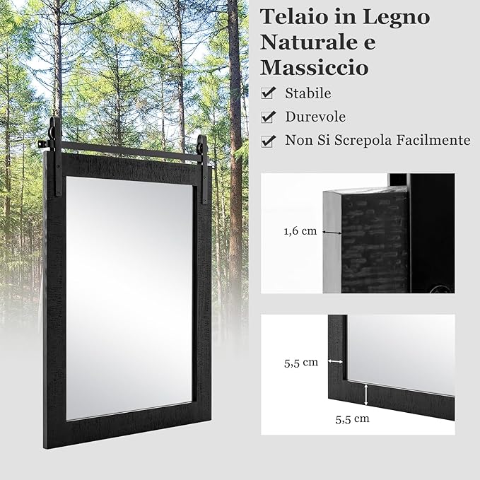 Specchio da Parete 76,5 x 56 cm, Specchio Rettangolare con Cornice in Legno e Staffa in Metallo, Specchio da Bagno Corridoio Soggiorno, Bianco (Nero)