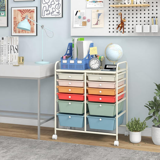 Carrello portaoggetti con ruote, 12 cassetti rimovibili, torre di stoccaggio mobile utility con vassoio e maniglie, carrello a rotelle per soggiorno, ufficio, camera da letto, 64 x 38 x 75 cm