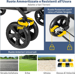 Passeggino per Cani Pieghevole, Carrello a 4 Ruote per Animali Domestici Piccoli e Medi, Trasportino Portatile con Ruote, Lucernario e Tasche, Chiusura Rapida (Grigio)