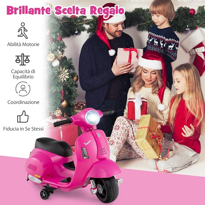 Moto Elettrica per Bambini, 6V Mini Moto per Bambini 18-36 Mesi, con Licenza Ufficiale Vespa, con Luci a LED e Suoni di Clacson, Portata 25 kg, 2 Ruote di Allenamento, 2,5 km/h (Rosa)