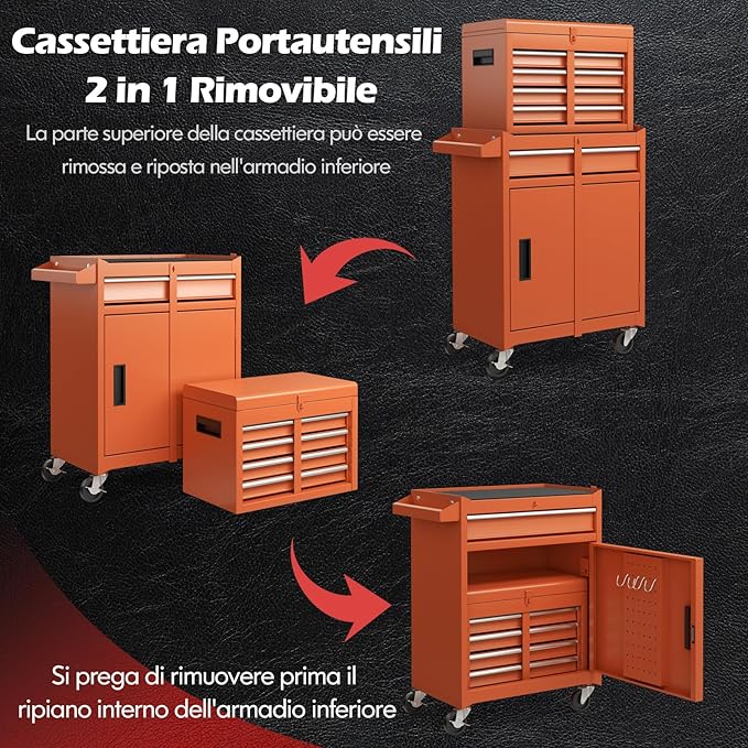 Cassettiera Portautensili a 4 Cassetti, Carrello per Attrezzi con Ruote Bloccabili Ripiano Regolabile e Rivestimento Antiscivolo, 59 x 28 x 102 cm (Arancia)