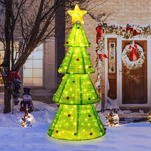 Albero di Natale Pieghevole 190 cm, Decorazione dell'Albero di Natale con 200 Luci LED, Stella in Cima, Palline di Peluche, Decorazione Natalizia per Casa, Giardino, Negozio