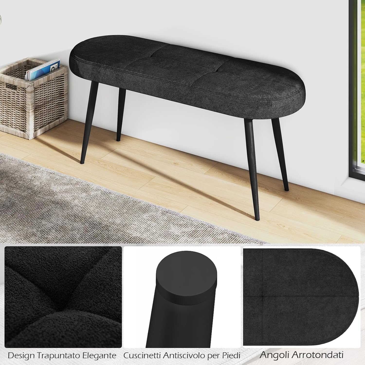 Panca Scarpiera da 113 cm, Panca da Ingresso con Cuscino Imbottito in Spugna e Gambe Metalliche Solide, Panca Fondo Letto per Soggiorno Camera da Letto, Carico 300 kg (Nero)