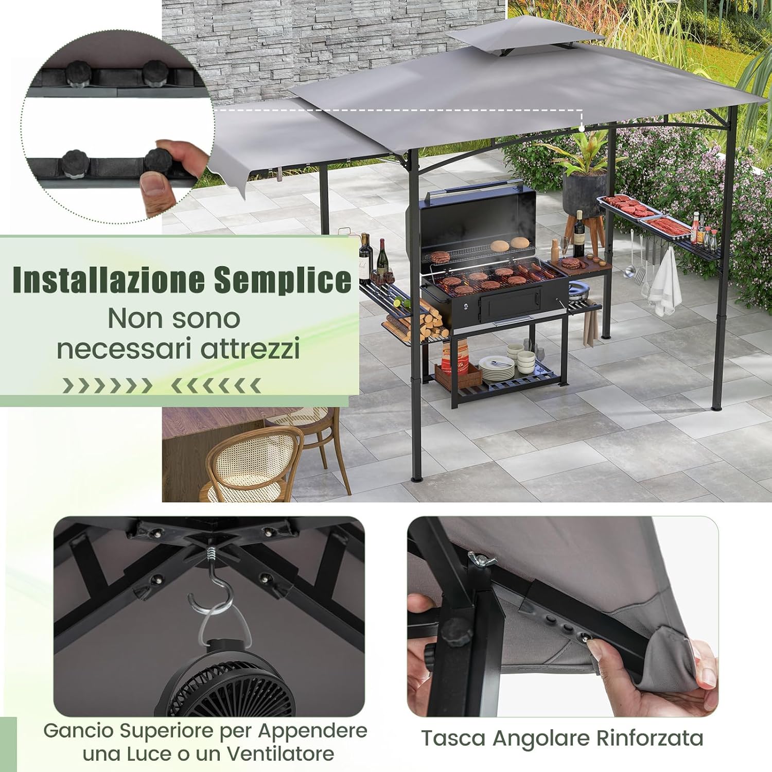 Gazebo per Barbecue, Pergola per BBQ con Tendalino Laterale, Tetto a 2 Livelli, 2 Ripiani Laterali, Ganci Appesi, Apribottiglie, per Giardino e Cortile, 318 x 153 x 250 cm (Grigio)