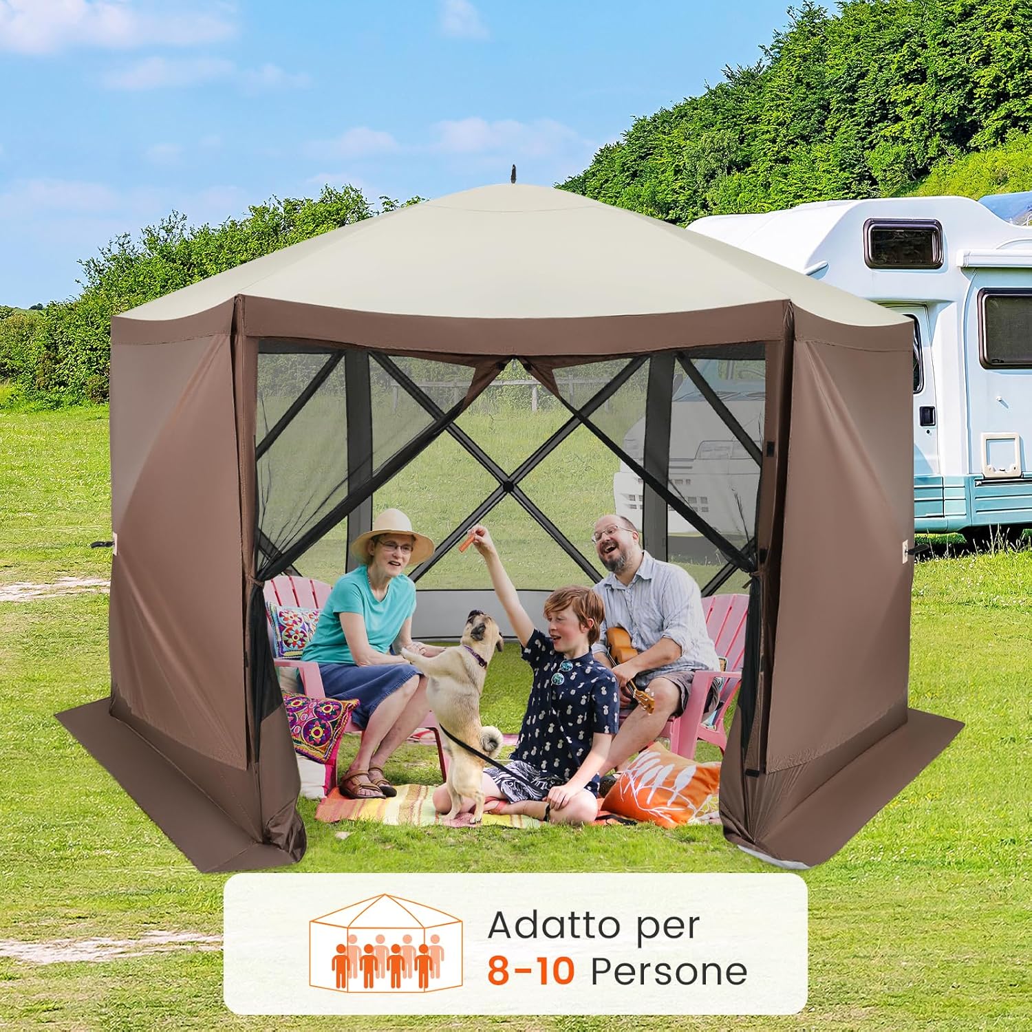 Gazebo da Giardino Pop-Up 3,5 x 3,5 m, Tenda da Giardino a 6 Lati con Tetto Ventilato e Manico, 2 Pareti Rimovibili, Rete a Maglia, Borsa da Trasporto per Patio, Giardino, Campeggio