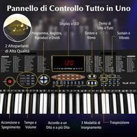 Pianoforte con Tastiera a 61 Tasti, Tastiera Digitale per Principianti con Microfono e Leggio, Pianola Elettrica con 300 Ritmi, 300 Timbri, 50 Canzoni Demo e 3 Modalità di Insegnamento