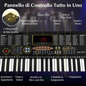 Pianoforte con Tastiera a 61 Tasti, Tastiera Digitale per Principianti con Microfono e Leggio, Pianola Elettrica con 300 Ritmi, 300 Timbri, 50 Canzoni Demo e 3 Modalità di Insegnamento
