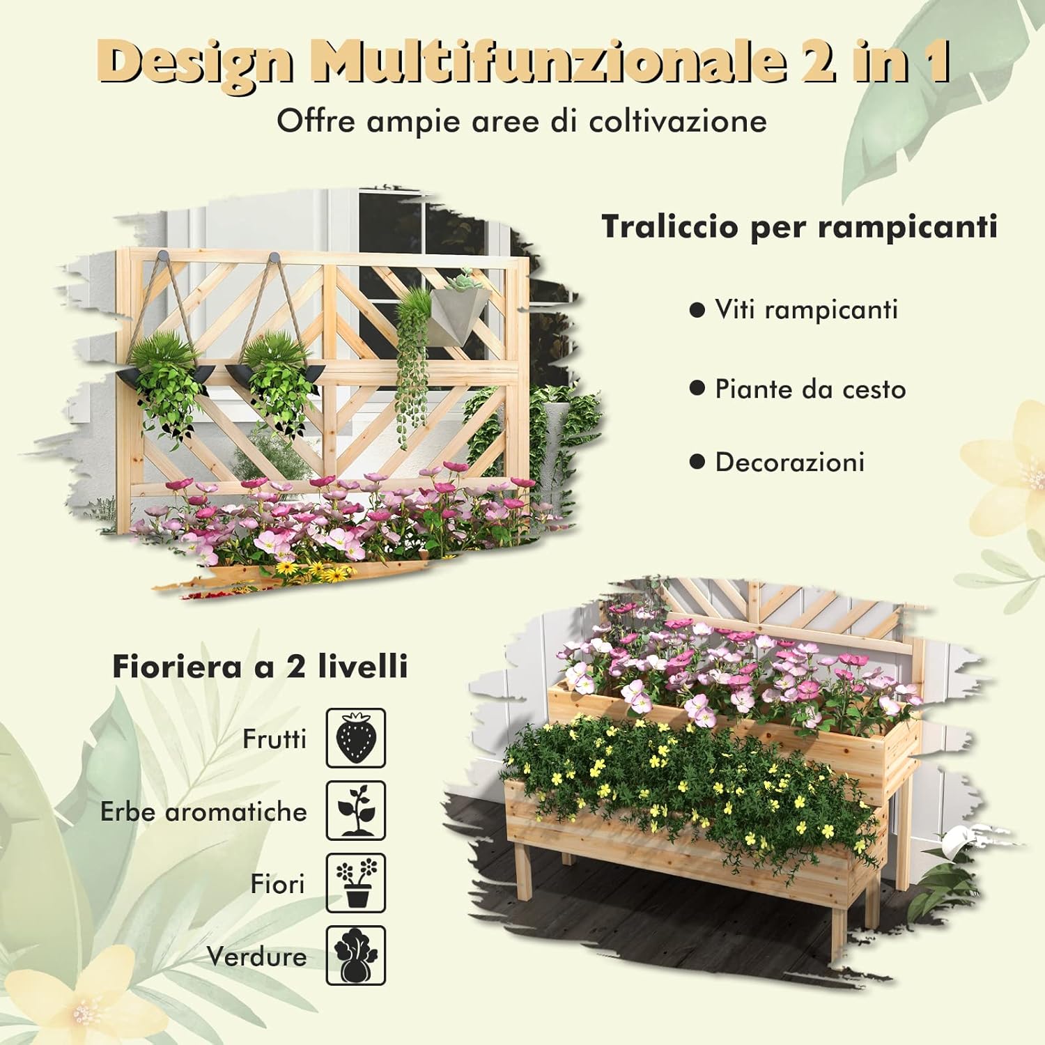 Fioriera da Giardino a 2 Livelli con Traliccio, Letto Rialzatto con Gambe in Legno, Foro di Drenaggio, Fioriera da Interno ed Esterno per Frutta, Verdura, Fiori ed Erbe Rampicanti (Legno)