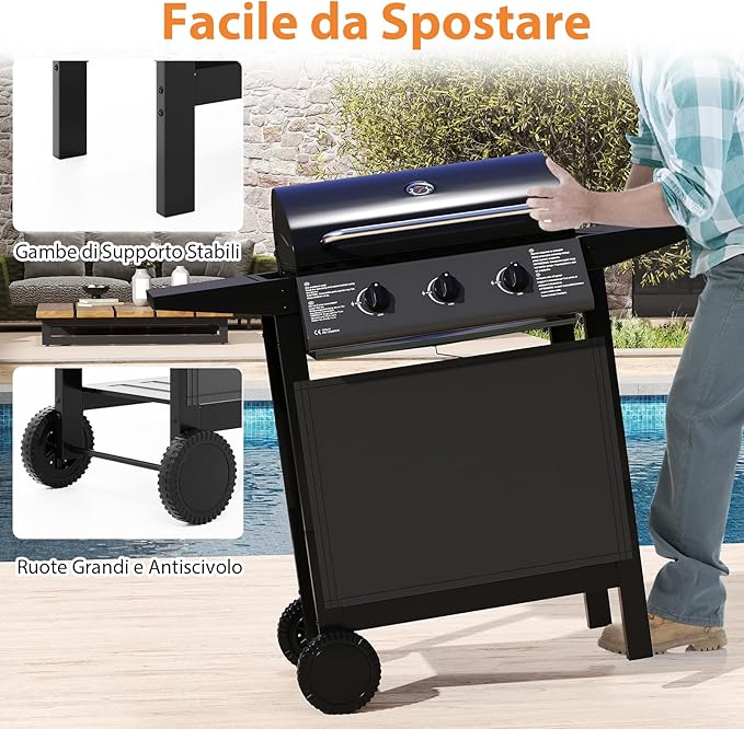 Griglia a Gas con 3 Bruciatori, Griglia da Esterno con Coperchio in Acciaio Inox e Tavolini Laterali, Attrezzatura per Barbecue da Patio su Ruote per Campeggio, Giardino