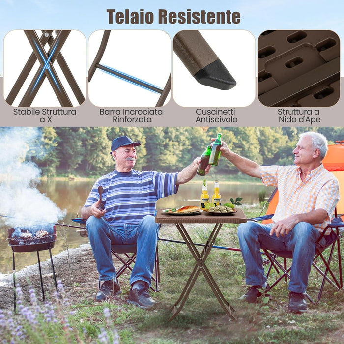 Tavolino Pieghevole Quadrato 60 cm, Tavolo da Pranzo per Interni ed Esterni con Piano in Rattan, Maniglia per Trasporto, Tavolo da Picnic per 4 Persone, Portata 50 kg