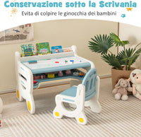 Set Tavolo e sedia per Bambini, Tavolo per Bambini con Sedia, Tavolo da Disegno Cancellabile e Ripiano, per Disegnare, Leggere, Giocare, Ideale per Bambini 3-8 Anni (Blu)
