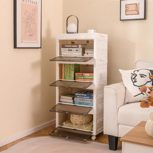 Comodino in Plastica Multipiano con Coperchio 168 L, Scatole Impilabili con 4 Ruote e Freni, Contenitori di Stoccaggio Pieghevole, per Soggiorno, Camera da Letto e Bagno, Bianco (4 Ripiani)