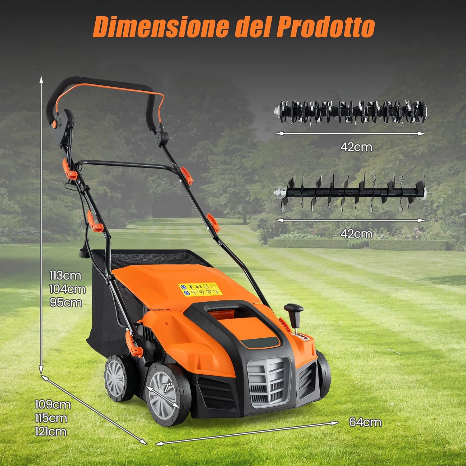 Scarificatore 2 In-1 per Prato, 15A Decespugliatore per Prato da 41 cm, con Regolazione dell'Altezza e della Profondità, Erbicida Pieghevole con Sacca di Raccolta da 55L (Arancione)