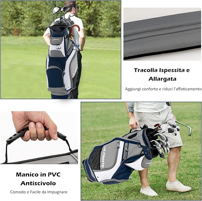 Borsa da Golf Portatile con 14 Divisori Superiori a Tutta Lunghezza, 7 Tasche con Cerniera, Cappuccio Antipioggia, Tracolla, Manico e Portaombrelli, Ideale per Uomini e Donne (blu e grigio)