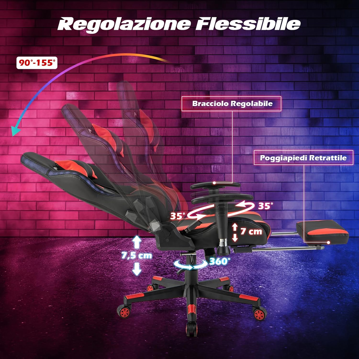 Sedia da Ufficio Ergonomica per Computer con Altezza Regolabile, Sedia da Gaming con Luci RGB LED, Schienale e Braccioli Regolabili, Poggiapiedi Estraibile e Supporto Lombare (Rosso)