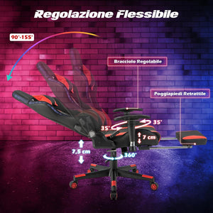 Sedia da Ufficio Ergonomica per Computer con Altezza Regolabile, Sedia da Gaming con Luci RGB LED, Schienale e Braccioli Regolabili, Poggiapiedi Estraibile e Supporto Lombare (Rosso)