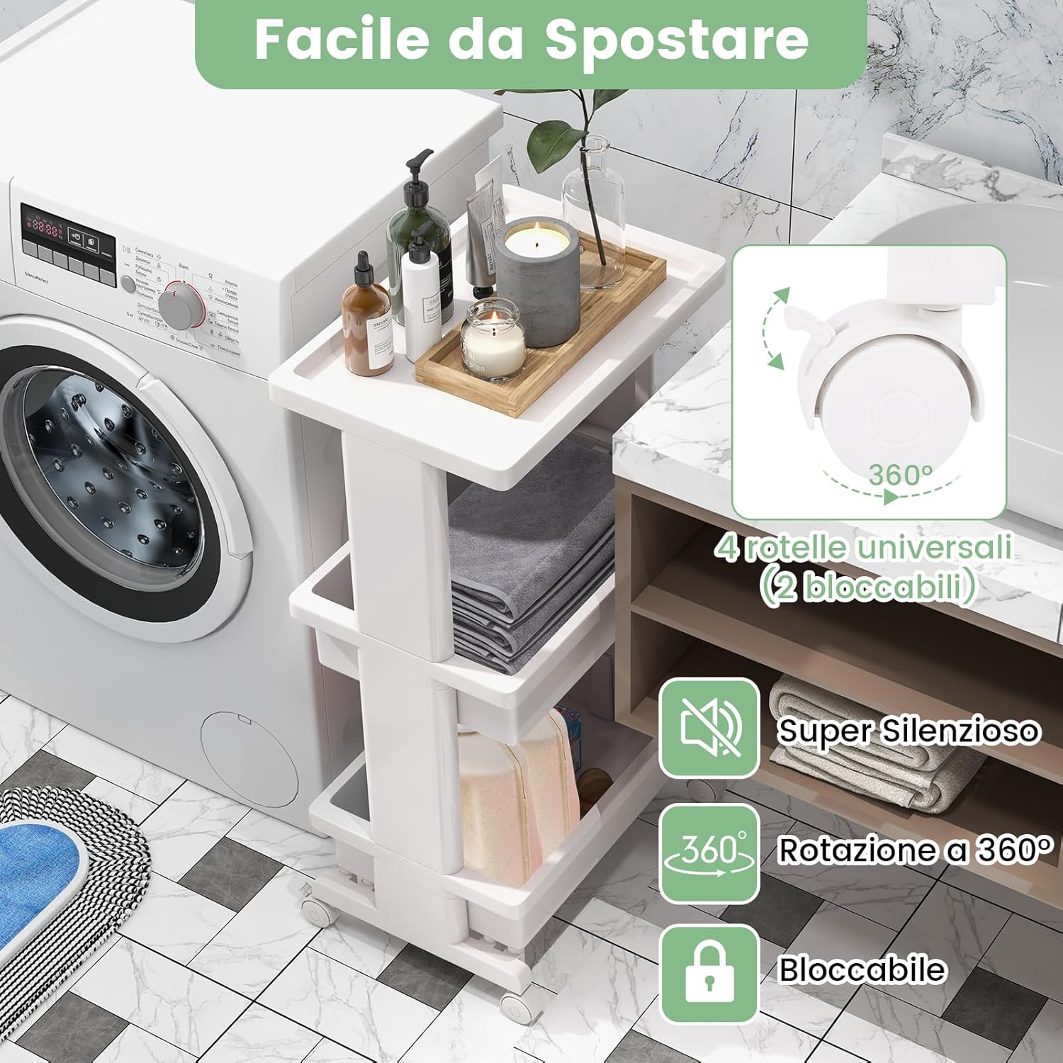 COSYTWAY Carrello da Cucina a 3 Piani, Carrello Portaoggetti in Plastica con Ruote Bloccabili, con Piano d'Appoggio, Carrello da Servizio Multifunzionale per Ufficio Cucina