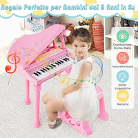 Tastiera Pianoforte a 31 Tasti con Microfono e Sgabello, Pianoforte Giocattolo Portatile con Modalità di Insegnamento a LED, Pianoforte a Coda per Bambini 3+ Anni (Rosa), 35 x 30 x 55 cm