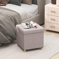 Pouf Contenitore da 45 cm, Sgabello con Vassoio e Gambe in Legno di Gomma, Poggiapiedi Imbottito, Sgabello per Scarpe Quadrato per Soggiorno, Portata 150 kg (Beige)