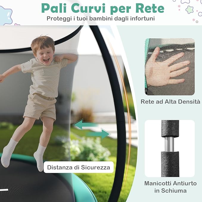 Trampolino Elastico per Bambini e Adulti 244 cm/305 cm/366 cm, Tappeto Elastico da Esterno con Rete di Sicurezza, Scala e Telaio in Acciaio Zincato Antiruggine