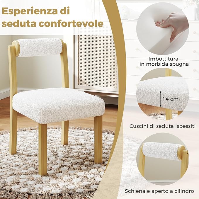Set di 2 Sedie da Pranzo, Sedie con Schienale Cilindrico, Rivestimento e Struttura in Legno di Gomma per Cucina, Sala da Pranzo e Bar