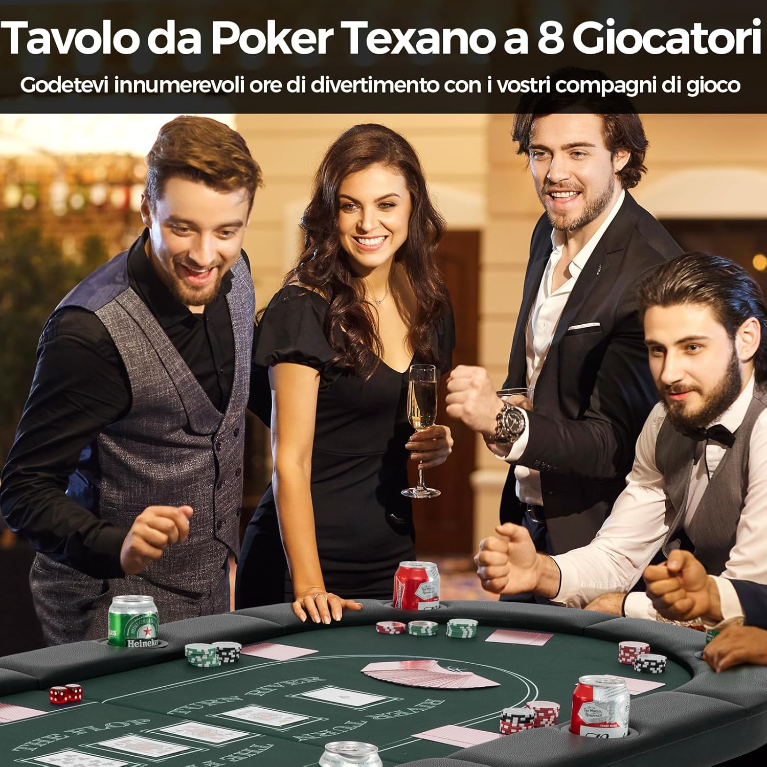 Tavolo da Poker Pieghevole 182 cm per 8 Giocatori, Tavolo da Gioco Ovalo con Supporti per Bicchieri, Rivestimenti Imbottiti, per Blackjack, Texas Hold’em, Giochi da Casinò (Verde)