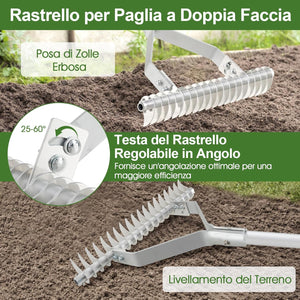 Arieggiatore per Prato 178 cm, Rastrello per Allentare Suolo da 50 cm in Alluminio con Manico Lungo e 19 Denti Curvi, Arieggiatore Manuale da Giardino e Cortile