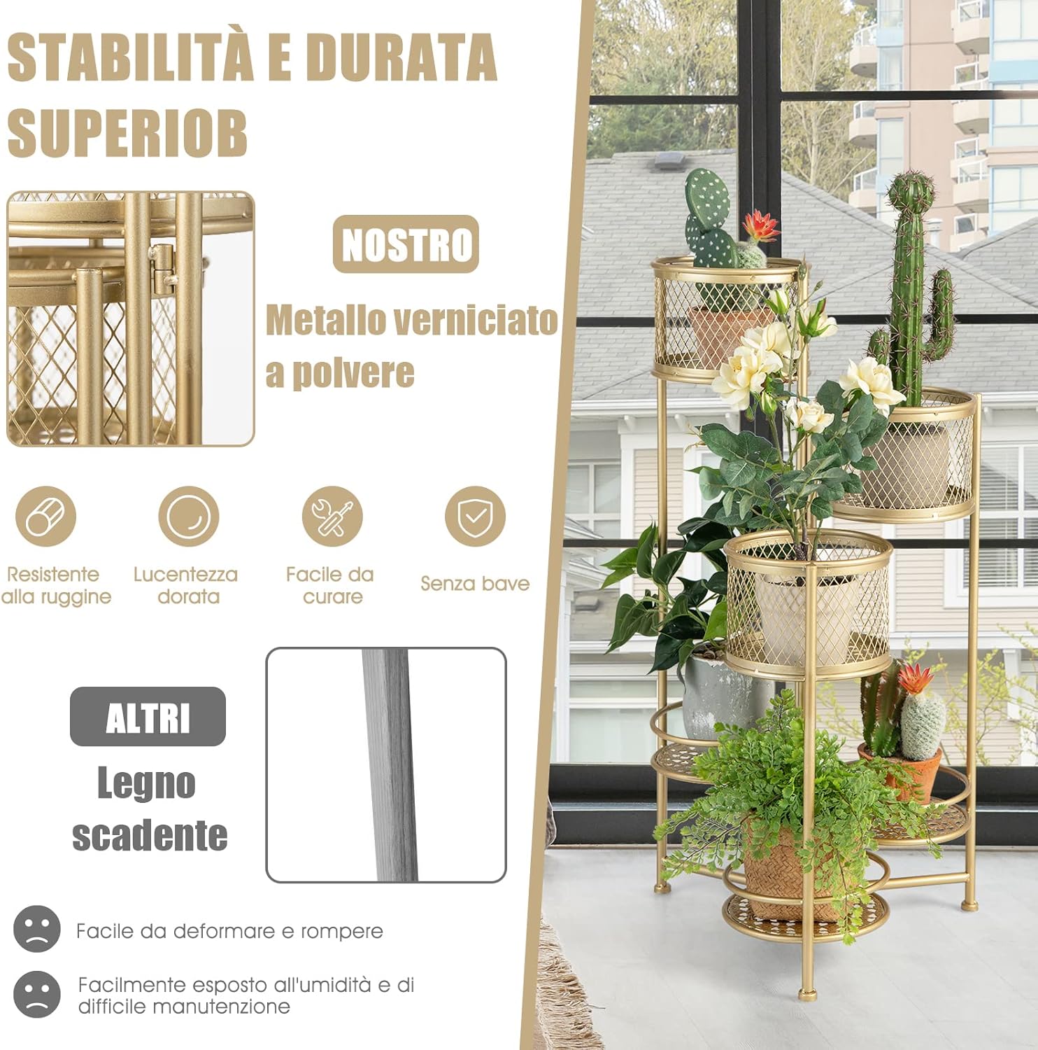 Porta Piante da Interno Pieghevole, Scaffale per Piante e Fiori in Metallo a 6 Livelli,Porta Vasi Salvaspazio da Balcone e Salotto, 41 x 39 x 82 cm (Oro)