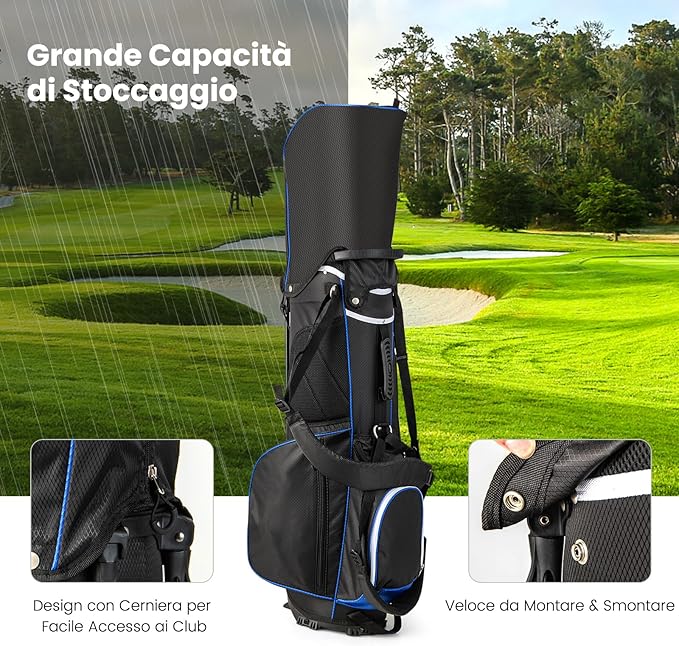 Sacca per Mazze da Golf, Borsa da Golf con Supporto, Divisori a 14 Vie, 6 Tasche, Borsa Frigo, Doppia Tracolla e Cappuccio Antipioggia, Ideale per Uomini e Donne