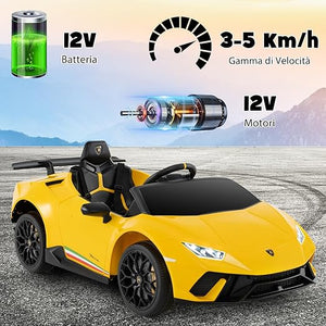 12V Lamborghini Auto Elettrica per Bambini, Macchina Elettrica Cavalcabile con Telecomando, Luci LED Musica e Funzione di Avvio Lento, 3-5 Km/h, per Bambini 3 Anni+ (Giallo)