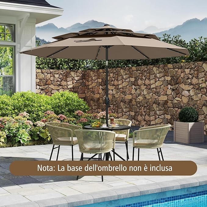 Ombrellone da Patio 313 cm con 32 Luci LED, Tetto Ventilato a 3 Piani, Inclinazioni Regolabili, Manovella, 8 Stecche, Ombrellone da Giardino, Piscina, Spiaggia